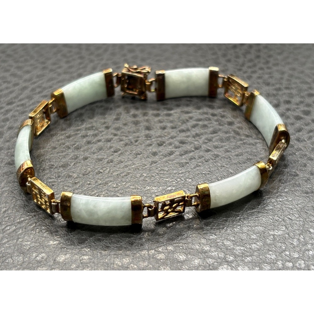 Vintage Gold Tone Jade Barrel Link Bracelet Asian Character Motif